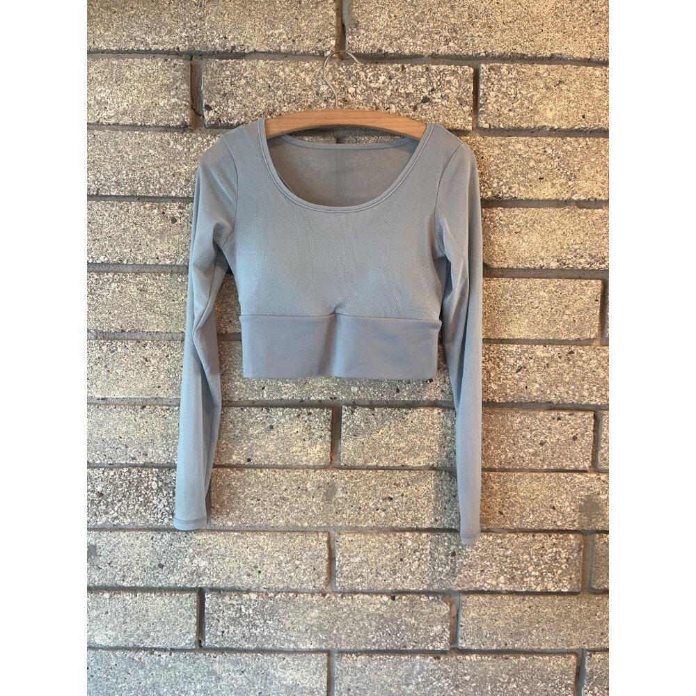 Light Blue Long-Sleeve Crop Top With Wide Waistband